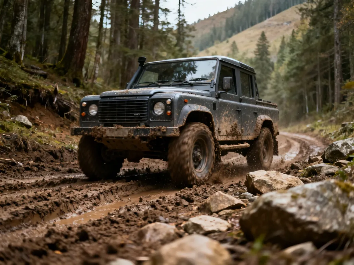 Terenowy samochód 4x4 pokonujący błotnistą leśną trasę