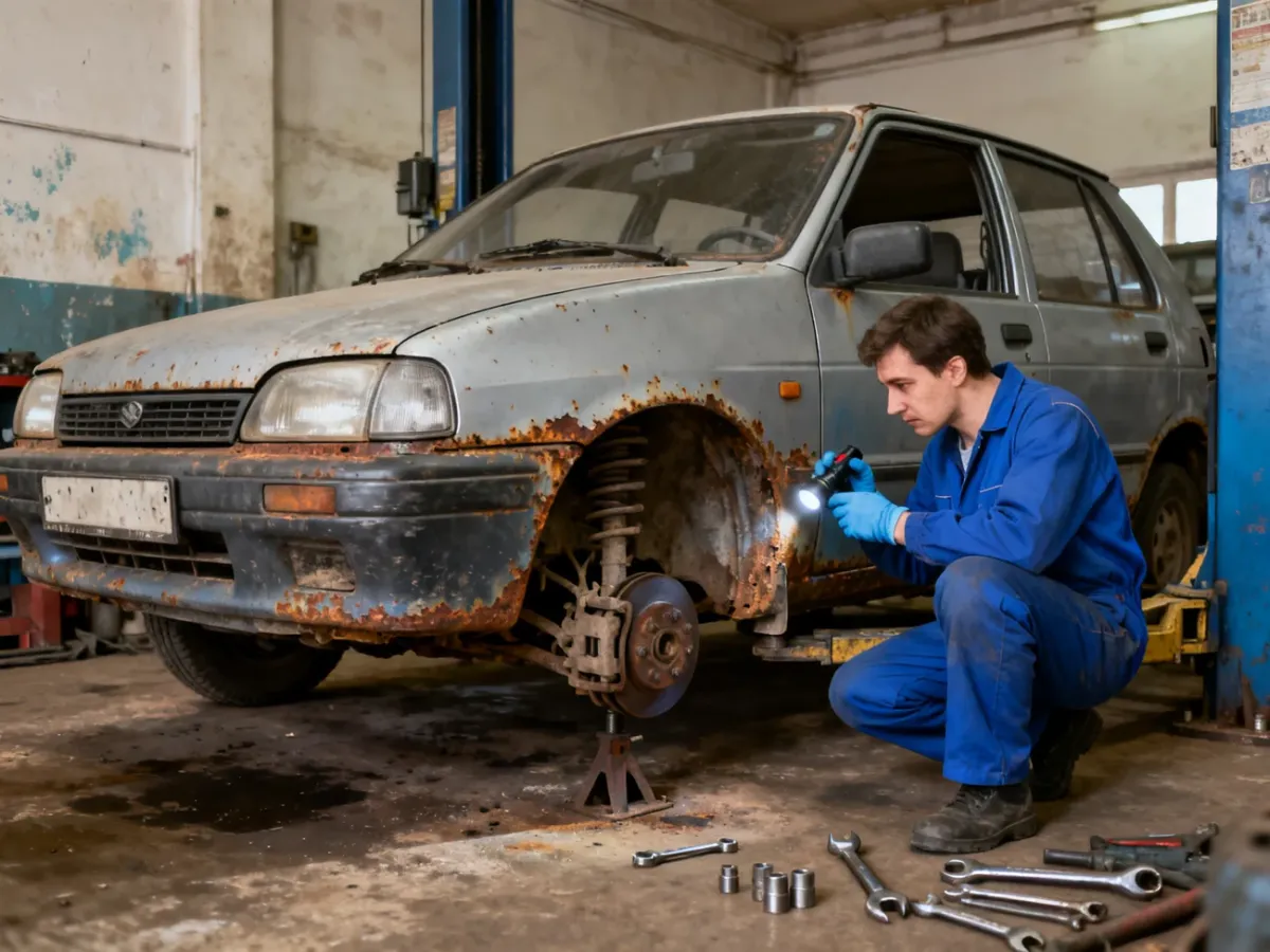 Mechanik sprawdza stan karoserii i podwozia samochodu z lat 90.