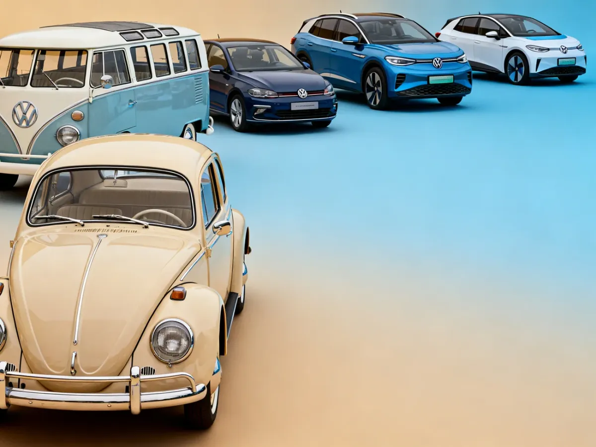 Przekrojowa scena przedstawiająca ewolucję modeli Volkswagena od Garbusa do współczesnych aut elektrycznych