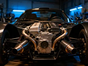 Zadbany Mercedes W115 coupe zaparkowany na brukowanej uliczce w historycznym europejskim mieście o zachodzie słońca.