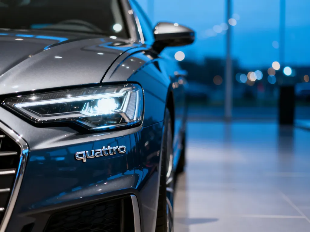 Zbliżenie na emblemat „quattro” oraz nowoczesny reflektor Audi A6 w eleganckim salonie samochodowym.