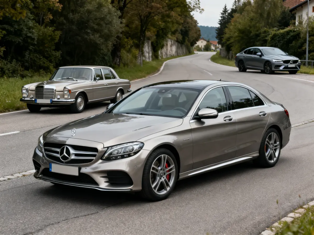 Mercedes-Benz Klasy C na tle drogi, symbolizujący różne generacje modelu C 200