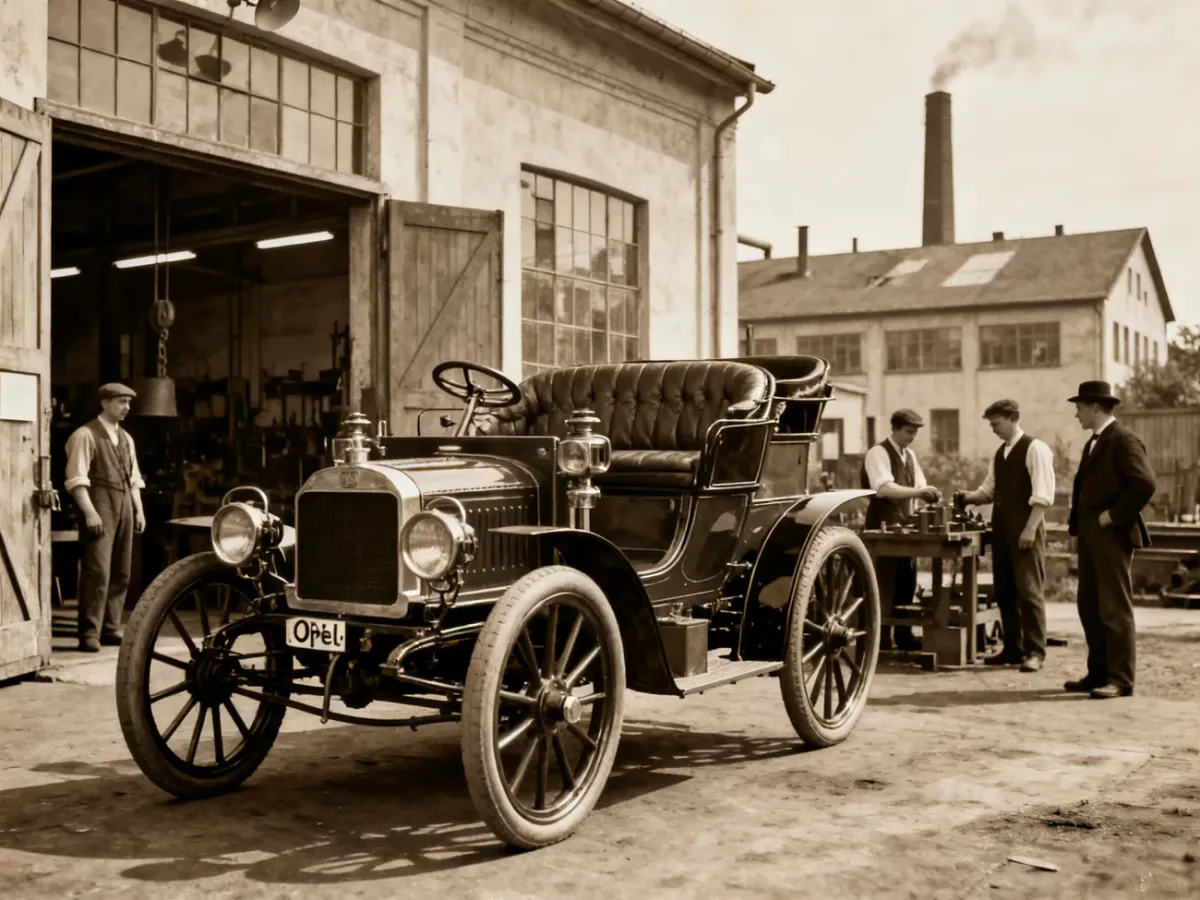 Opel Patentmotorwagen System Lutzmann przed zabudowaniami pierwszej fabryki samochodów w Rüsselsheim