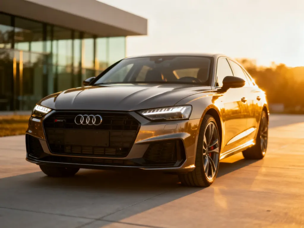 Nowoczesny model Audi zaparkowany na minimalistycznym podjeździe w świetle zachodzącego słońca.