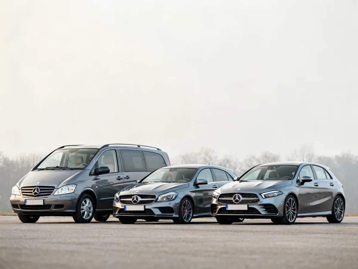 Trzy generacje Mercedesa Klasy A ustawione obok siebie