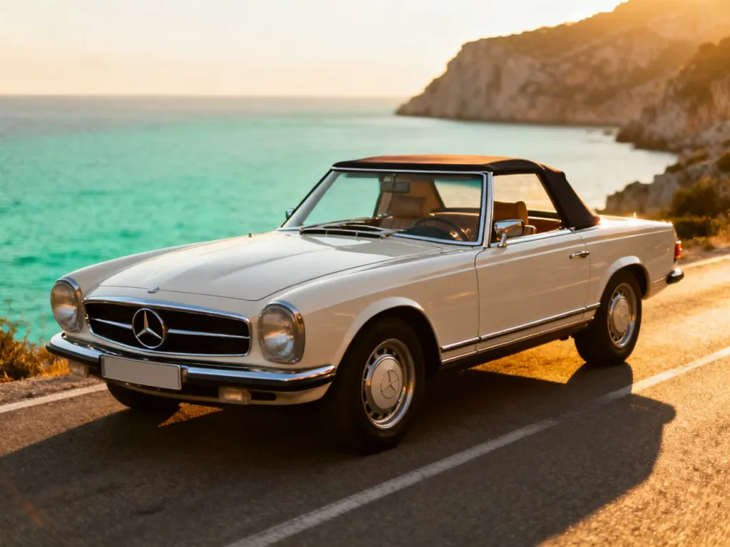 Zabytkowy Mercedes SL Pagoda zaparkowany na malowniczym wybrzeżu w świetle zachodzącego słońca.