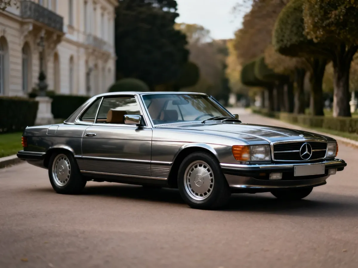 Klasyczny Mercedes SEC C126 z opuszczonymi szybami bez ramek
