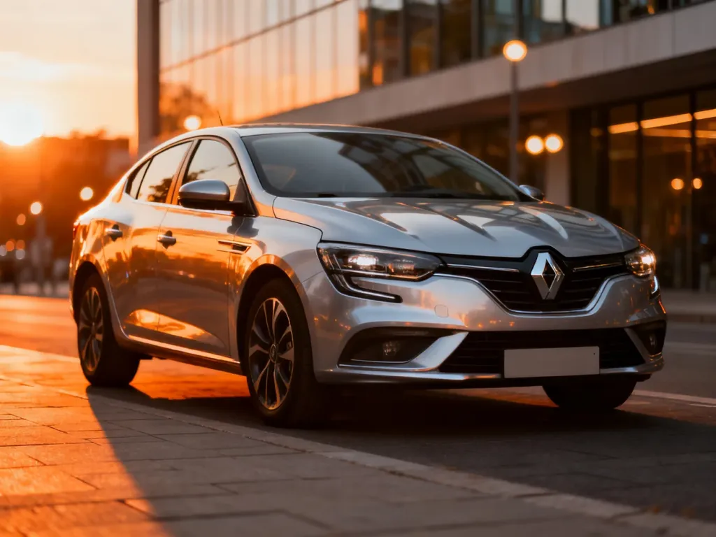 Srebrny sedan marki Renault zaparkowany na miejskiej ulicy w blasku zachodzącego słońca.