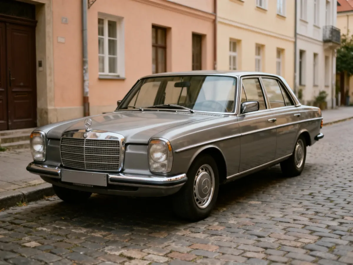 Klasyczny Mercedes W115 zaparkowany na spokojnej europejskiej ulicy