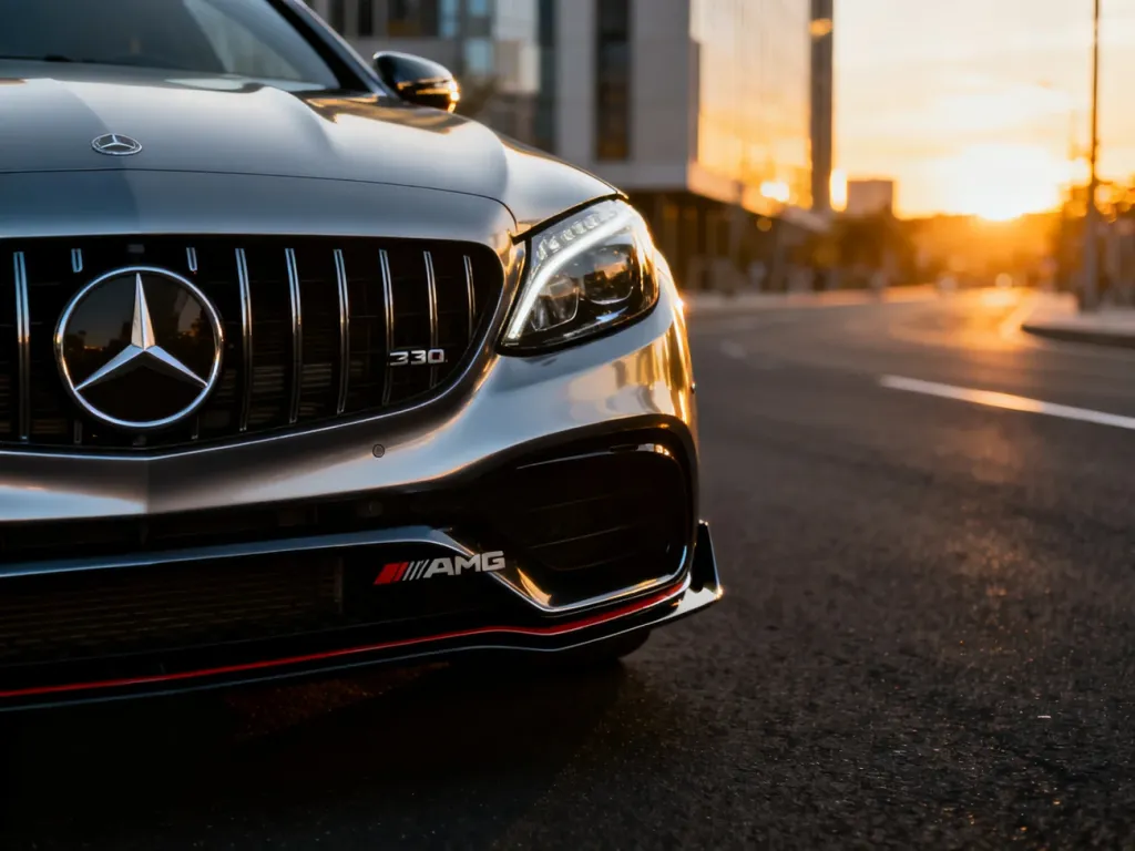 Zbliżenie na przód Mercedesa C30 AMG z charakterystycznym grillem i emblematem na tle miejskiego zachodu słońca.