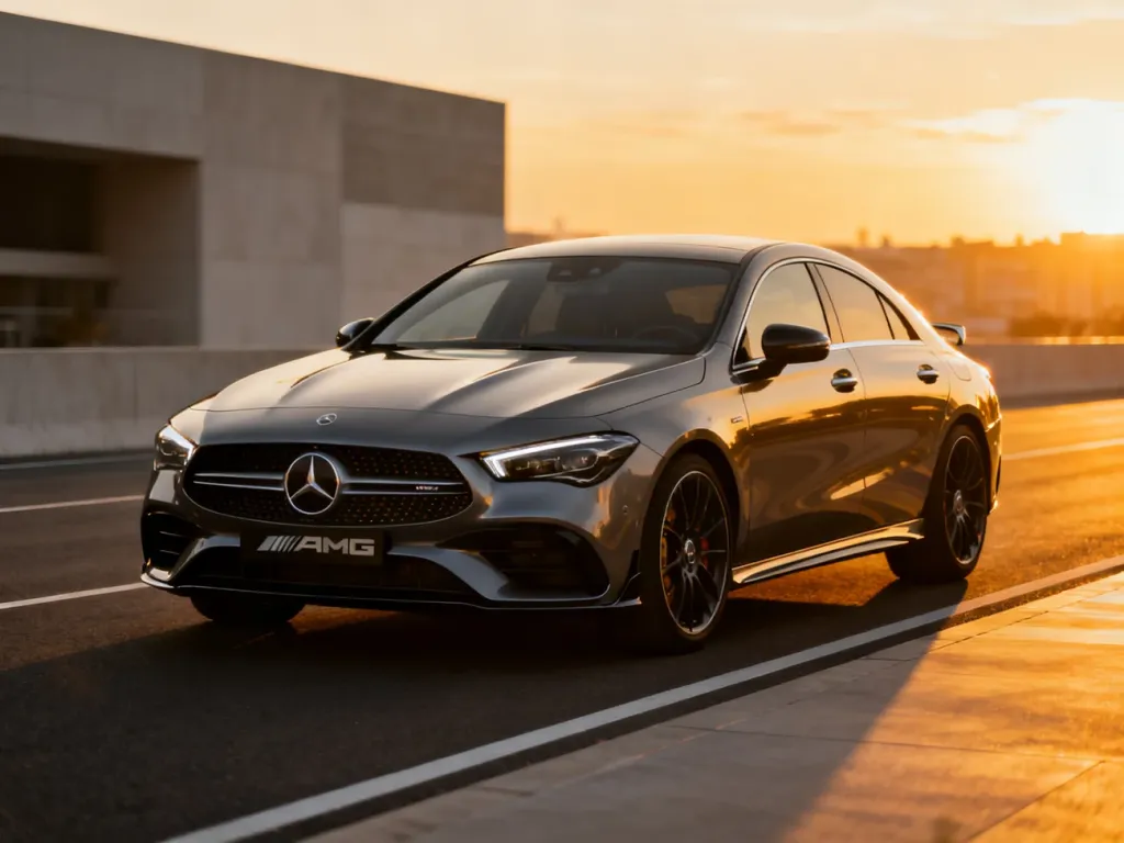Sportowy Mercedes CLA 35 AMG zaparkowany na drodze w świetle zachodzącego słońca, podkreślającym jego dynamiczną sylwetkę.