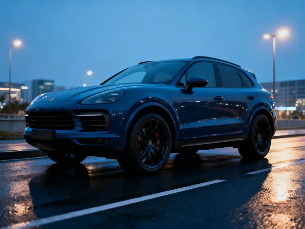 Nowoczesny Mercedes GLA zaparkowany na mokrym asfalcie w wieczornej scenerii miasta, podkreślający dynamiczną sylwetkę auta.