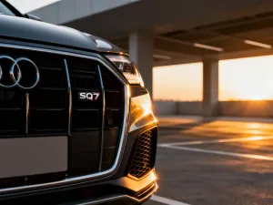 Klasyczny amerykański muscle car zaparkowany na pustynnej drodze w świetle zachodzącego słońca.