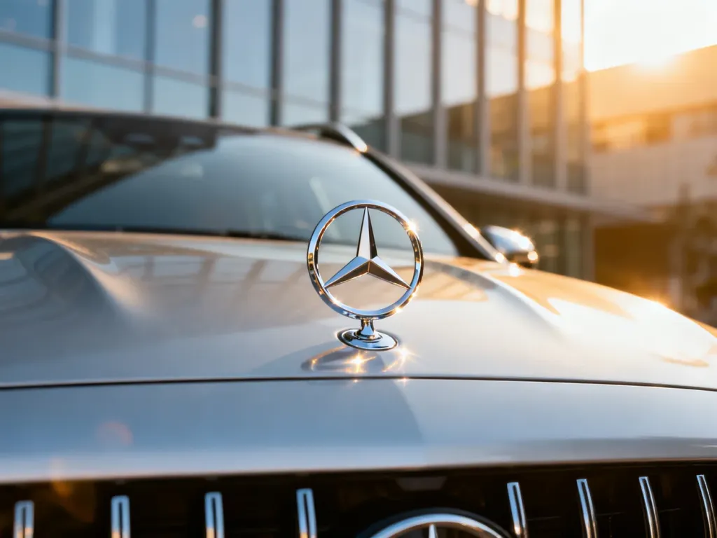Lśniące logo Mercedes-Benz na masce luksusowego SUV-a w miejskim otoczeniu.
