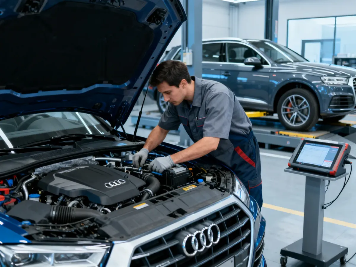 Mechanik diagnozujący używane Audi Q5 w warsztacie