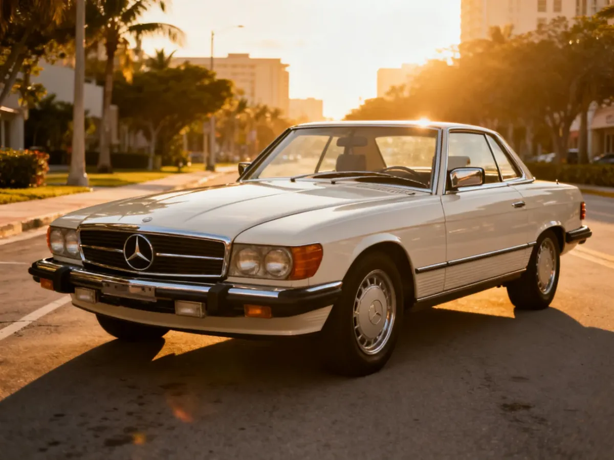 Klasyczny Mercedes-Benz SEC C126 na miejskim bulwarze
