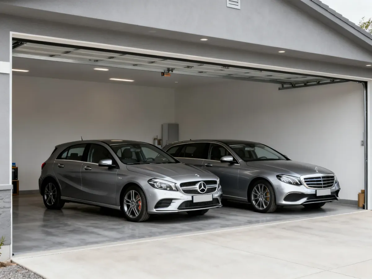 Mercedes Klasy A W177 hatchback i V177 sedan zaparkowane obok siebie w garażu