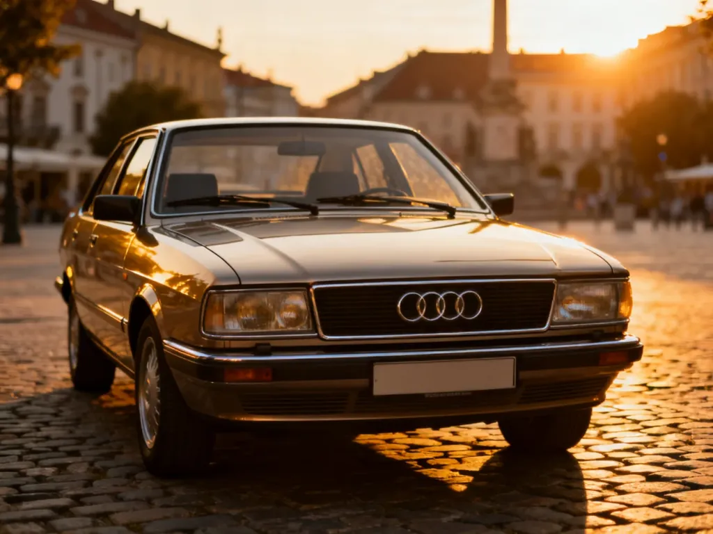 Zadbany, klasyczny model Audi 80 zaparkowany na brukowanej uliczce w blasku zachodzącego słońca.