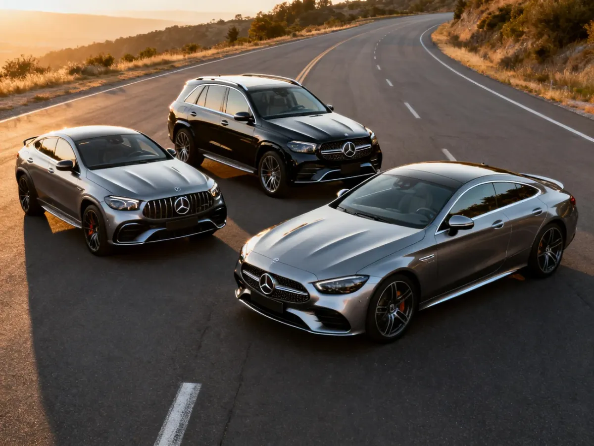Trzy różne samochody coupe Mercedesa: dwa SUV-y coupe i niskie klasyczne coupe