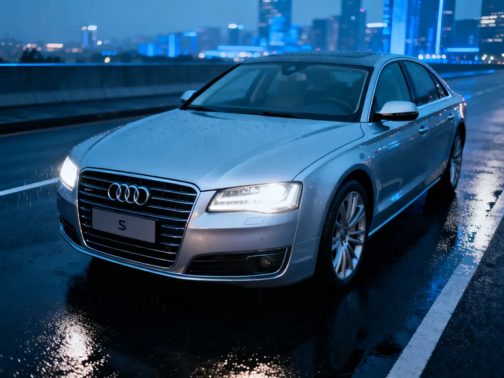 Srebrne Audi S8 zaparkowane na mokrym asfalcie w deszczowy wieczór na tle rozmytej panoramy miasta.
