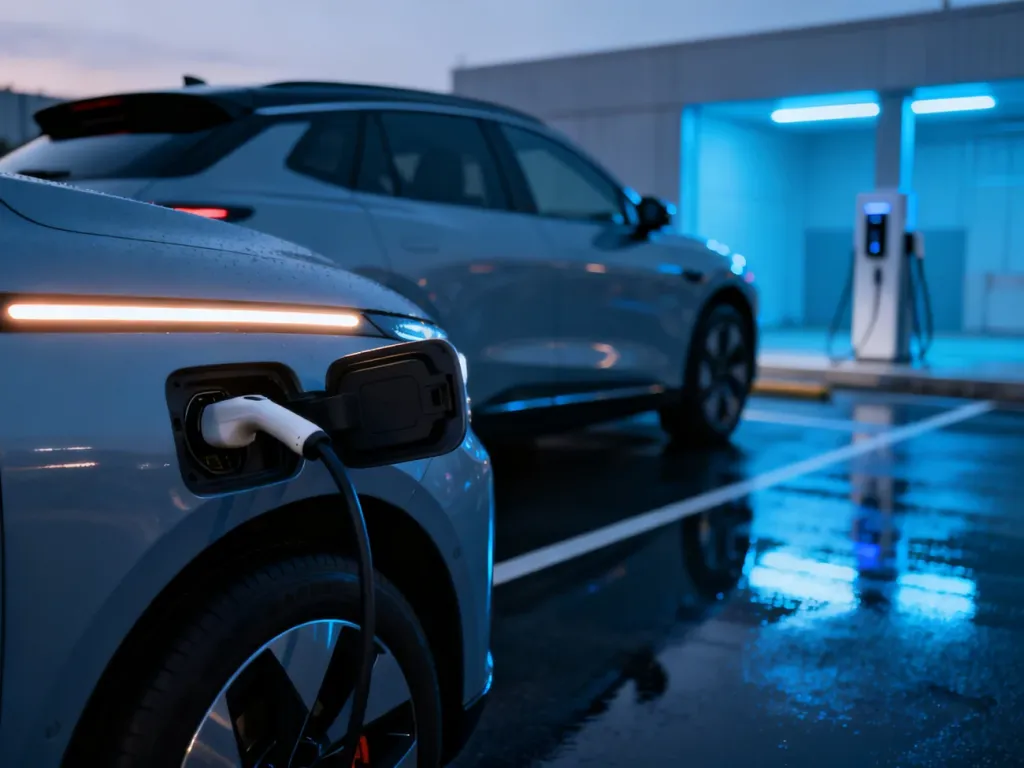 Nowoczesny elektryczny SUV Audi e-tron podłączony do stacji ładowania w wieczornej scenerii.