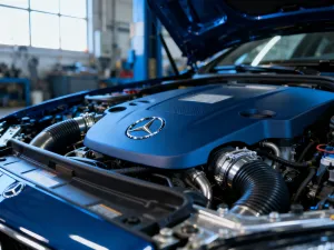 Srebrny sedan Mercedes-Benz zaparkowany na nowoczesnym podjeździe w świetle zachodzącego słońca.