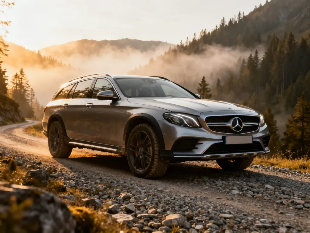 Mercedes E-Klasa All-Terrain zaparkowany na górskiej drodze w blasku zachodzącego słońca.