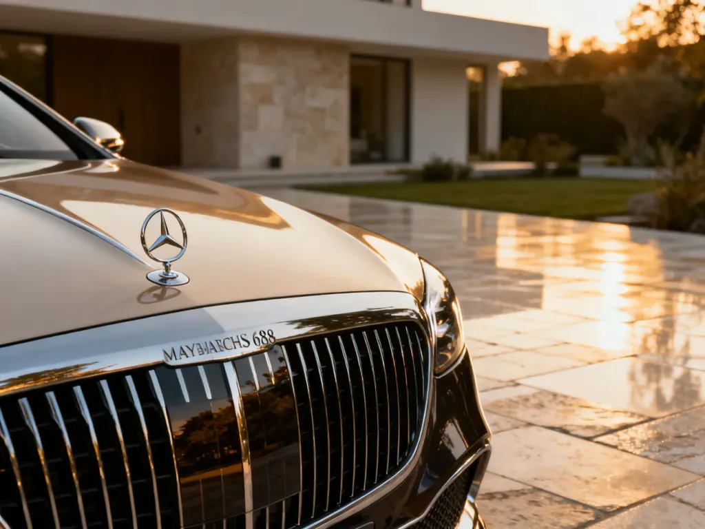 Luksusowy Mercedes-Maybach S 680 zaparkowany przed nowoczesną willą w świetle zachodzącego słońca.