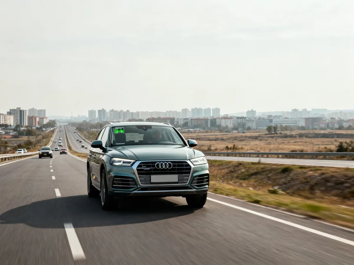Audi Q5 jadące między miastem a trasą, ilustrujące różne poziomy spalania