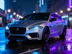 Srebrny SUV Audi Q5 zaparkowany na malowniczej górskiej drodze w świetle zachodzącego słońca.