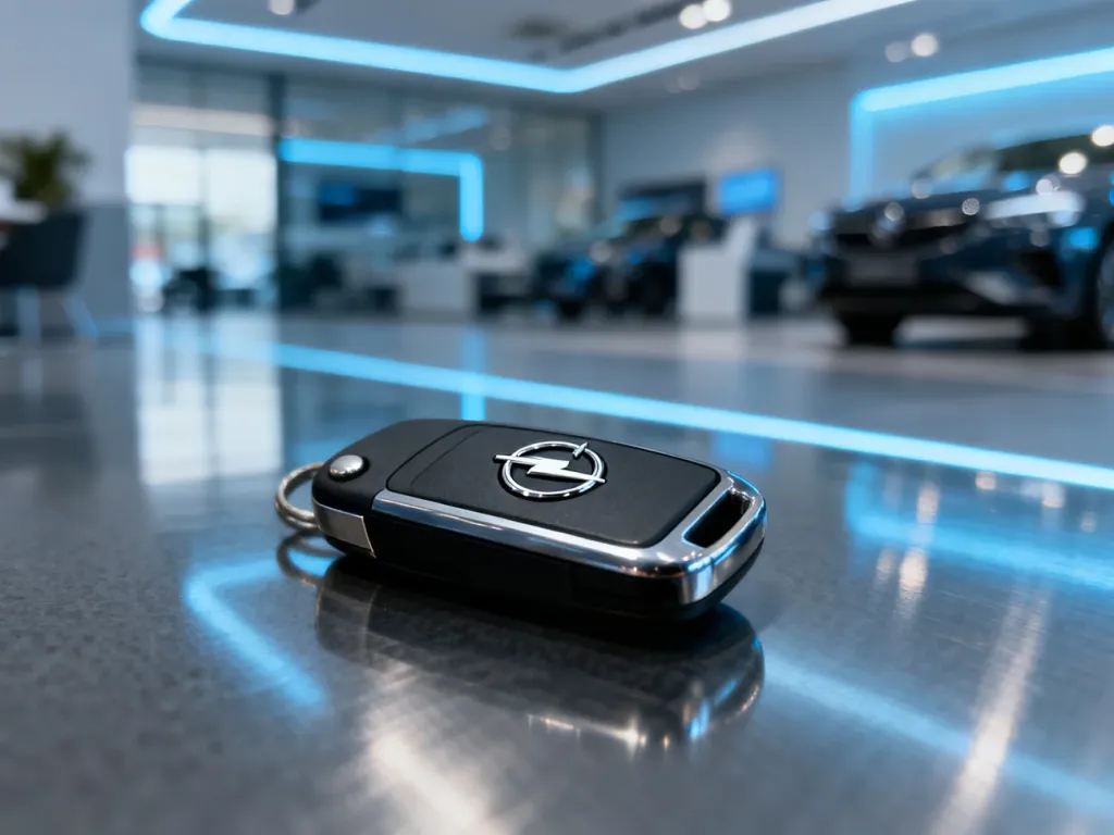 Nowoczesny kluczyk do samochodu marki Opel leżący na eleganckiej, metalicznej powierzchni w salonie samochodowym.