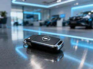 Nowoczesny sedan Mercedes-Benz klasy E zaparkowany w minimalistycznym studiu, podkreślający jego elegancką sylwetkę.