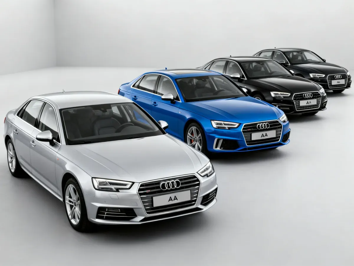 Kolejne generacje Audi A4 ustawione obok siebie w studiu