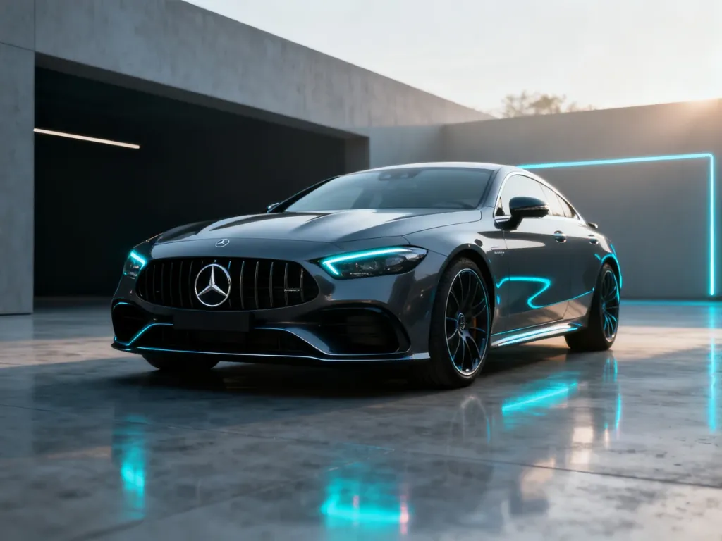 Nowoczesny Mercedes coupe zaparkowany w minimalistycznym studiu, podkreślający aerodynamiczną sylwetkę i elegancję marki.