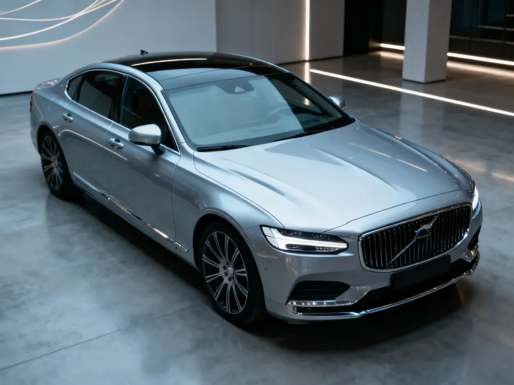 Srebrny samochód marki Audi zaparkowany w nowoczesnym salonie o minimalistycznym wystroju.