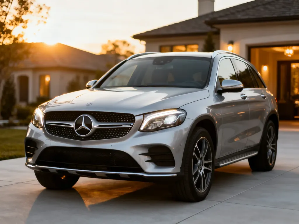 Srebrny Mercedes GLC zaparkowany na nowoczesnym podjeździe podczas zachodu słońca, podkreślający detale przodu pojazdu.
