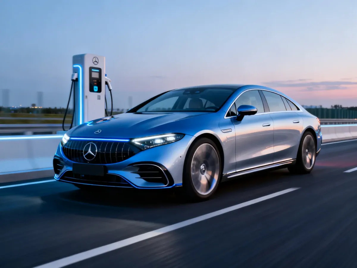 Elektryczny Mercedes Klasy C podczas jazdy i ładowania