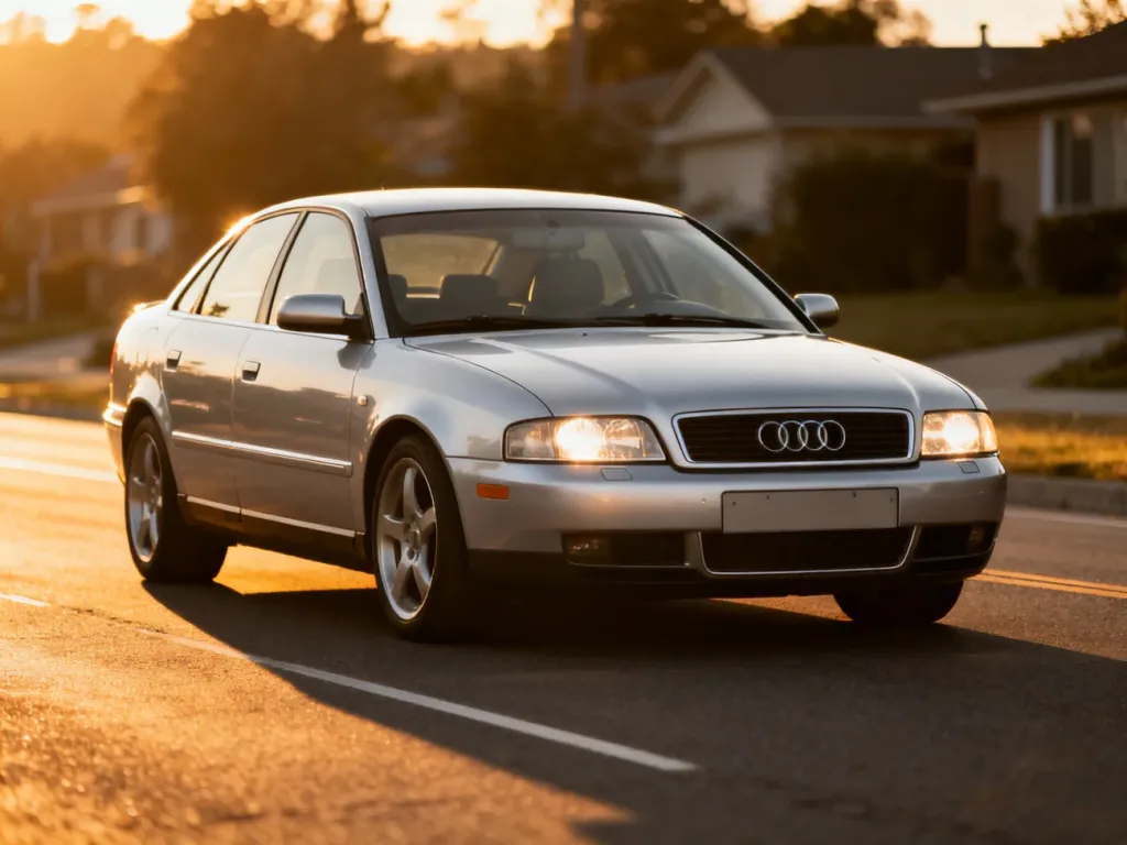 Srebrne Audi A4 B5 zaparkowane na pustej drodze w świetle zachodzącego słońca, podkreślające klasyczną sylwetkę modelu.