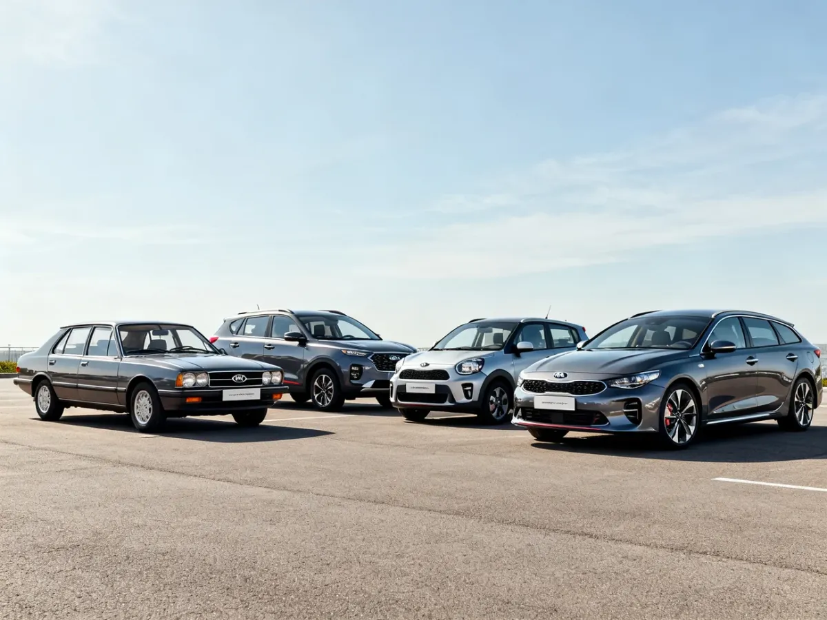 Cztery różne modele Kia przedstawiające hatchbacka, crossovery i shooting brake
