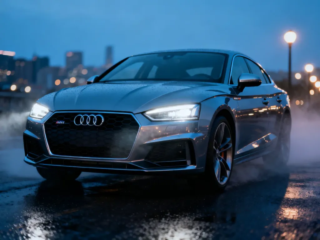 Audi A5 Quattro zaparkowane na mokrym asfalcie o zmroku, z wyraźnie wyeksponowanym grillem i reflektorami LED.