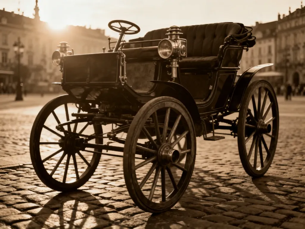 Zabytkowy automobil z XIX wieku zaparkowany na brukowanej ulicy, symbolizujący początki motoryzacji Mercedes-Benz.