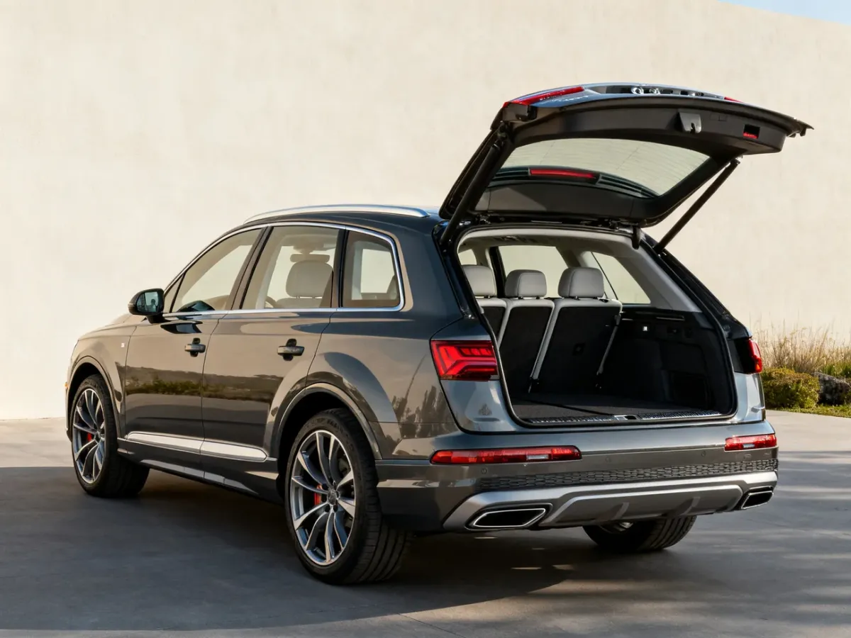 Audi Q7 z otwartą klapą bagażnika i złożonymi tylnymi siedzeniami