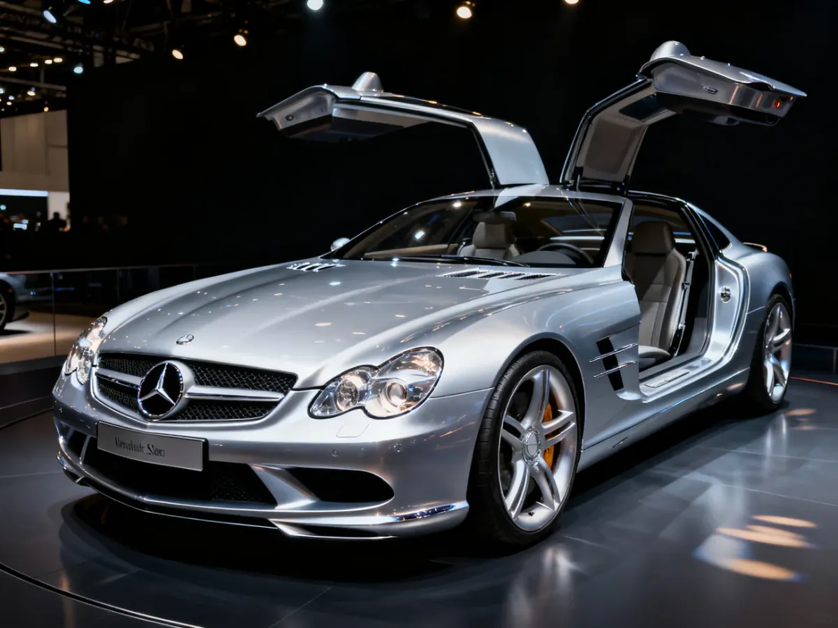 Srebrny prototyp Mercedes-Benz Vision SLR na salonie samochodowym