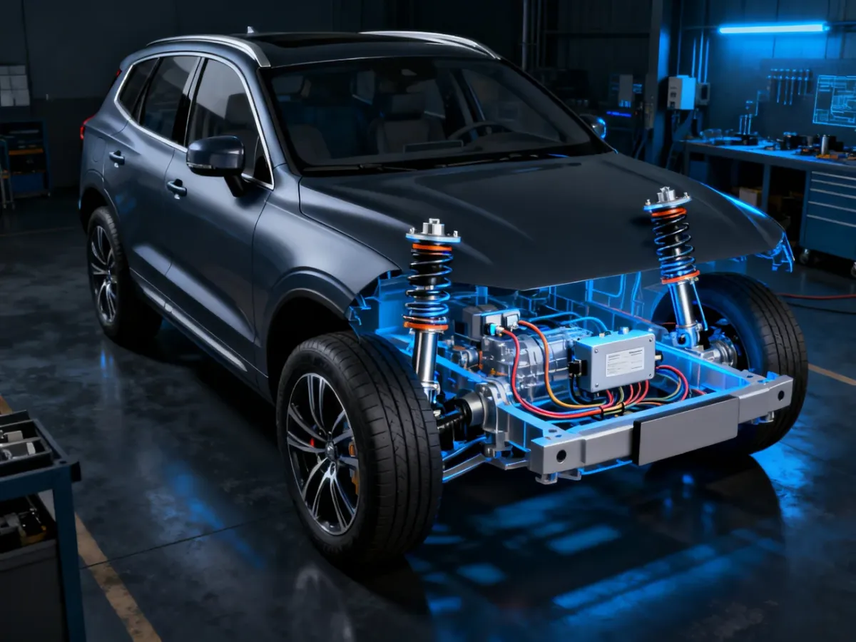 Schemat aktywnego zawieszenia SUV-a z amortyzatorami sterowanymi elektronicznie i czujnikami