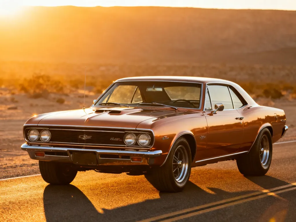 Klasyczny amerykański muscle car z lat 60. zaparkowany na pustynnej drodze w blasku zachodzącego słońca.