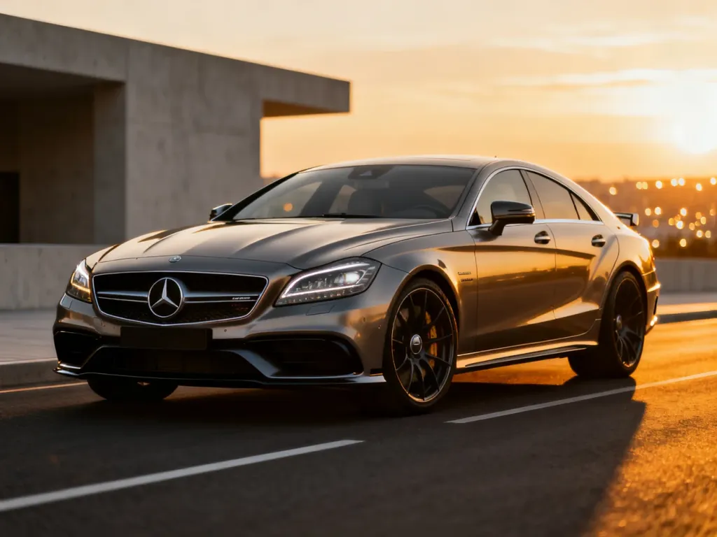 Mercedes CLS 63 AMG zaparkowany na nowoczesnej drodze w świetle zachodzącego słońca, podkreślającym jego sportową sylwetkę.