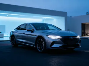 Granatowy Mercedes-Benz SEC C126 zaparkowany na brukowanej ulicy przed zabytkową willą w świetle zachodzącego słońca.
