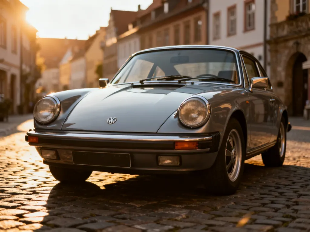 Zadbany klasyczny model Volkswagena z lat 70. zaparkowany na brukowanej uliczce w zabytkowym europejskim miasteczku.