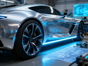Zbliżenie na silnik V8 biturbo z widocznymi turbosprężarkami i karbonową pokrywą w profesjonalnym oświetleniu studyjnym.