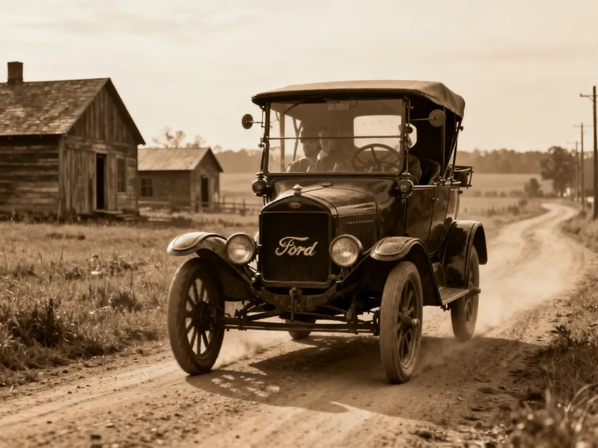 Ford Model T na nieutwardzonej drodze w realiach początku XX wieku